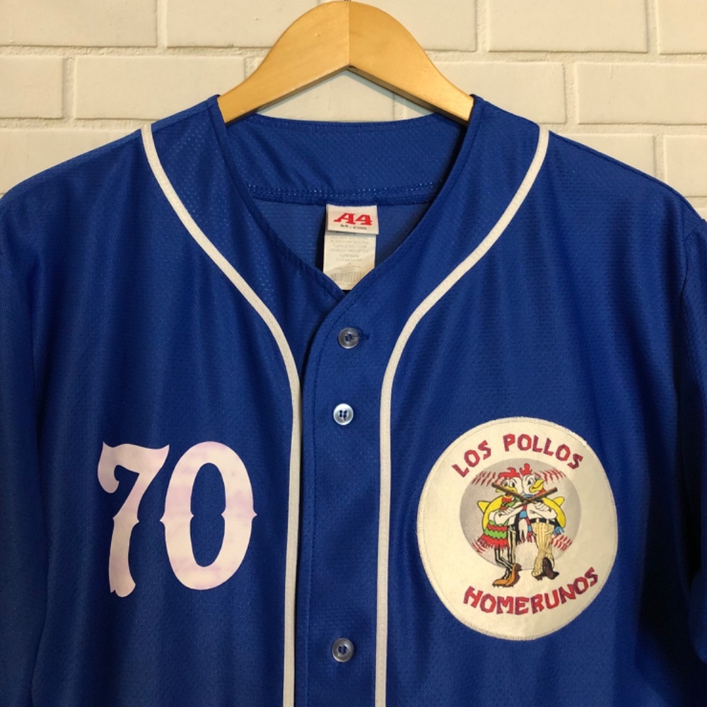 Los Pollos Hermanos Homerunos #70 Waterboy Breaking Bad Blue Baseball Jersey S - Picture 3 of 9